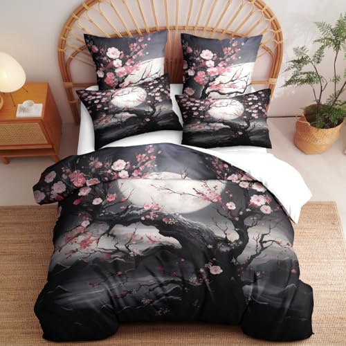 Nyescasa Bettwäsche 135x200 Schwarz Rosa Blumen Bettwäsche Set Japanischen Kirschblüten Pflanzen Muster Wendebettwäsche Weich Mikrofaser Bunt Bettbezug mit Reißverschluss und Kissenbezug 80x80cm