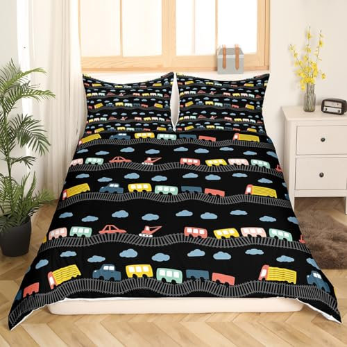 Loussiesd Jungen Cartoon Auto Betten Set Transportfahrzeuge Bettbezug Set für Kinder Cartoon Truck Bettwäsche Set 155x220cm Nette Autos Schwarz Bettbezug Schlafzimmer 2St