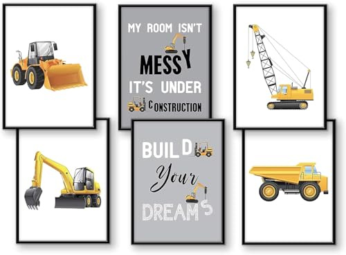 WIETRE® 6er Set Bilder Baufahrzeuge Bagger Kran Kinderzimmer Deko | Bild Junge Babyzimmer Poster DIN A3 XXL | LKW Baustelle Stapler Walze Auto Fahrzeuge Dekoration (ohne Rahmen)