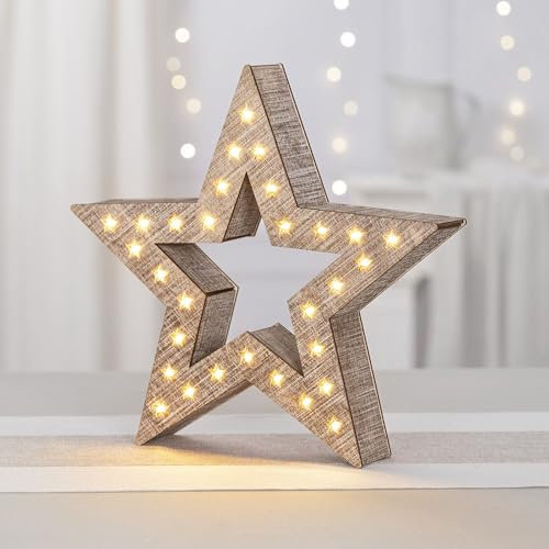 Ideen mit Herz Étoile LED en bois | Lumière de Noël | Décoration d'hiver | Éclairage de fenêtre | Look vintage | 30 LED blanc chaud | 30 cm x 29,5 cm x 5,3 cm