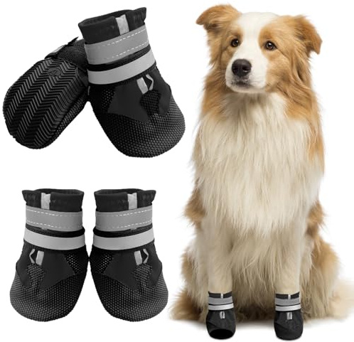 Muecleao Hundeschuhe Pfotenschutz, 4 Stück Wasserdicht Anti-Rutsch Hundestiefel mit Rutschfester Sohle und reflektierendem Klettverschluss, Schuhe für kleine, Mittlere und Große Hunde (Schwarz, XL)