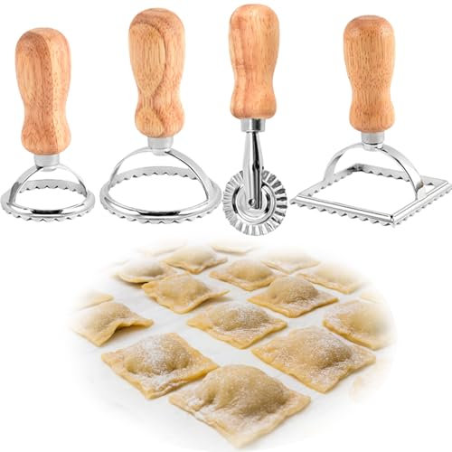 Dewocke 4 Pcs Ravioli Stamp Maker Cutter, Pasta Maker Machine Set, Includes Round and Square Ravioli Cutters, Pasta Wheel, for Making Ravioli, Empanadillas or Cookies