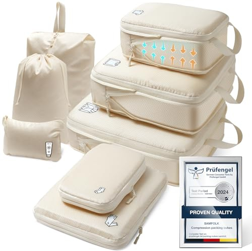Lot de 8 cubes de compression de voyage étanches, organisateurs de voyage essentiels pour bagages à main, beige