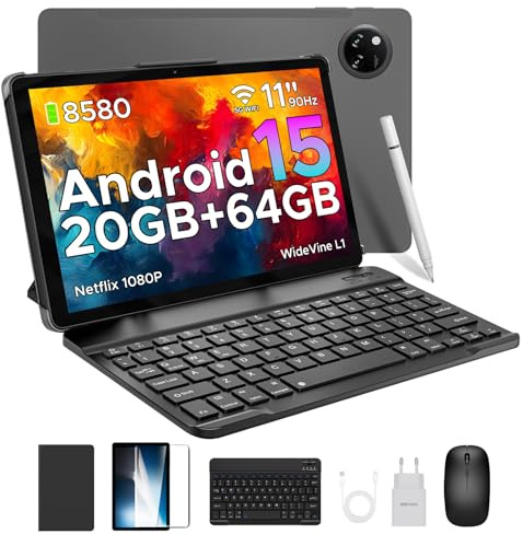 DOOGEE Tab A9+ Tablette Android 15, 20GB RAM+64GB ROM(2TB TF), 11 Pouces Tablette avec Clavier 8580mAh Widevine L1 Unisoc T7200, 13MP+5MP, 90Hz/ Octa-Core/ BT5.0/ GPS