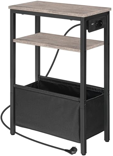 HOOBRO Smalt sidobord, sängbord med laddningsstation för små utrymmen, med kontakt och USB-port, med hylla för sovrum, vardagsrum, Greige Mlange och svart EBG125CBZ01