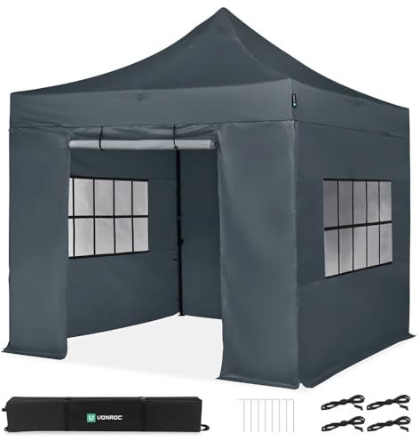 VONROC Tente de réception Premium Easy-Up VONROC – 3x3 m - Ensemble INCL. parois latérales - Design modulaire – Pliable –Imperméable – Cadre en Acier -Protection UV 50+ - INCL. Sac de Rangement -Gris