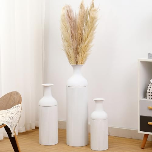 KAYLETIN Hohe Vasen für den Boden, große Bodenvasen 3er-Set, hohe Blumenvase, weiße Metallvase für Wohnzimmer, Eingangsbereich, Büro, Esszimmer, Schlafzimmer, Kamin, Wohnecke