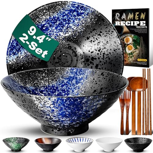 9.4Inch Ceramic Ramen Bowl Set of 2 (9 Piece) - Porcelain Japanese Salad Noodles Cereal Fruit Pasta Soup Large Bowls with Recipes Chopsticks Forks Spoons for Men Women Gift Microwave Dishwasher Safe