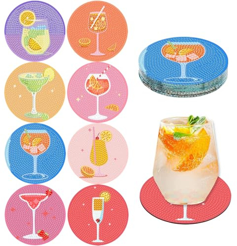 Barlone 8 Stück Diamond Painting Untersetzer, Cocktail Untersetzer Diamond Painting Erwachsene, DIY Diamant Tassenuntersetzer mit Kork, für Anfänger, Erwachsene, Kinder Geburtstagsgeschenk