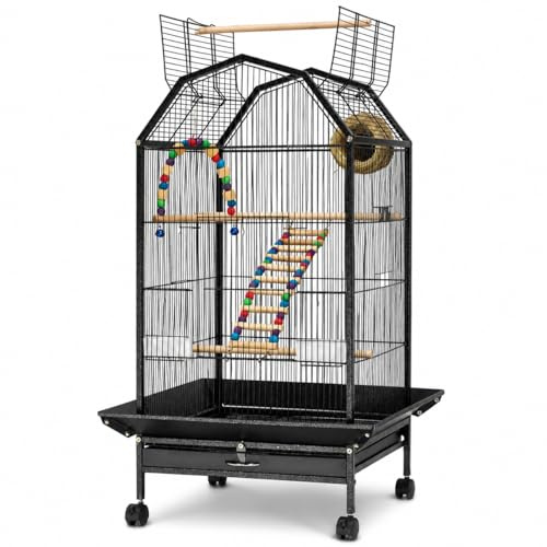 Jaula grande de lujo para loros de 39.9 pulgadas con soporte rodante, transportador portátil para pájaros con comedero y juguetes para loros grises africanos, periquitos y pájaros medianos, jaula de
