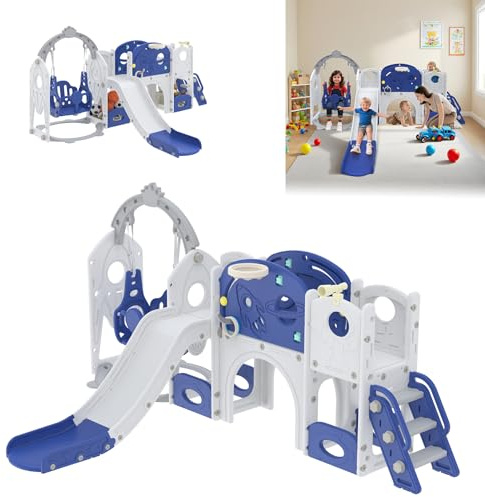 LZQ Toboggan pour enfant, grand kit de toboggan en plastique avec long toboggan, balançoire et panier de basket, toboggan pour enfants avec tunnel, espace de rangement et échelle, toboggan d'intérieur