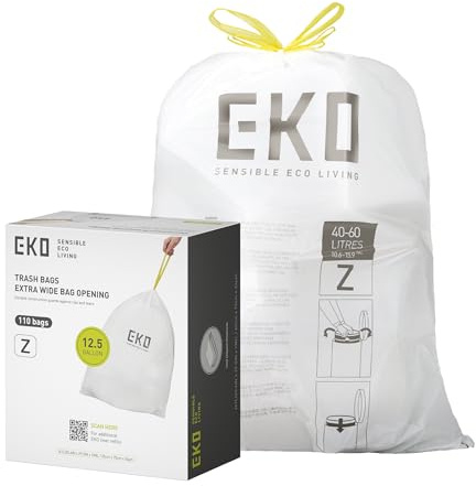 EKO 12.5 Gallon / 40-60 Liter, 110 Count Drawstring Trash Bags, Extra-Strong Garbage Bags, Unscented, Leak-Resistant, Easy-Dispense Roll for Kitchen & Household Use, Code Z, White
