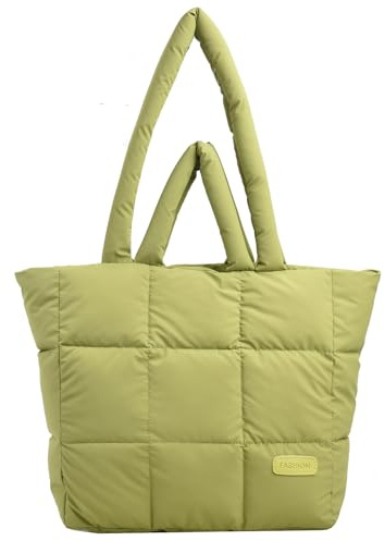 Outplea Bolso Tote para Mujer, Bolso de Hombro Puffer Acolchado Suave y Acolchado con Cremallera, Puffy Bolso Shopper Gran con Asa de Hombro Y Mano para Uso Diario, Viajes y Escuela, Verde