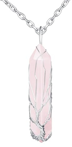 MicVivien sexkantigt ädelstenshalsband för kvinnor män, livets träd tråd inslagen kristall hänge kvarts natursten berlock med rostfritt stål kedja silverhalsband smycken unisex, Pendant: 5.5 x 1.1 cm