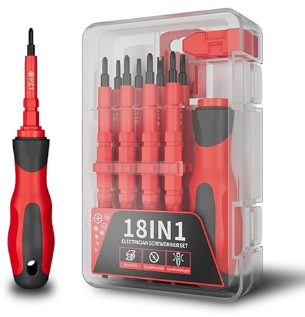 Insulated Screwdriver Set, 18 in 1 Electrician Maintenance Tools Kit, Multifunctional CRV Tip Magnetic Dual Head Precision Removable Bits Torx Hex Slotted Screwdrivers