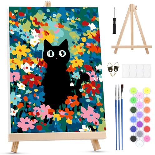 MXJSUA Chat Noir Peinture Numero Enfant Adulte avec Cadre, Numéro d'art avec Pinceaux, Loisirs Créatifs Adultes, Activité Manuelle Adulte, 20x30cm