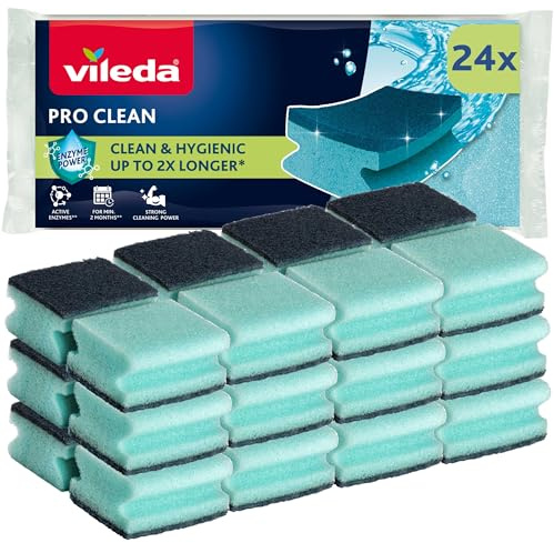 Vileda ProClean Estropajo Limpiador de Alta Espuma con Enzimas Naturales, Esponja para Fregar, Paquete de 24, Alta Absorción, Diseño Ergonómico