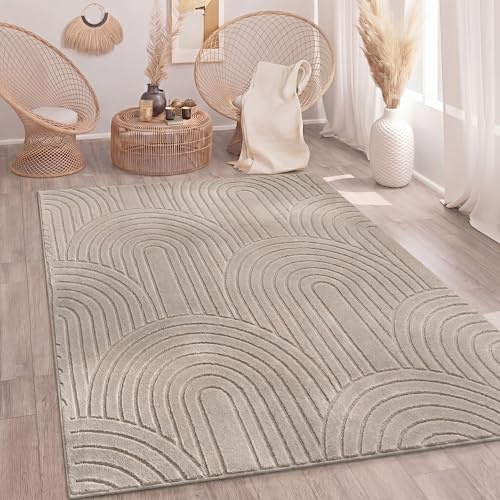 Paco Home Teppich Wohnzimmer Schlafzimmer Hochflor Weich Uni 3D-Optik Pflegeleicht Modernes Design Waschbar Beige, Grösse:80x150 cm