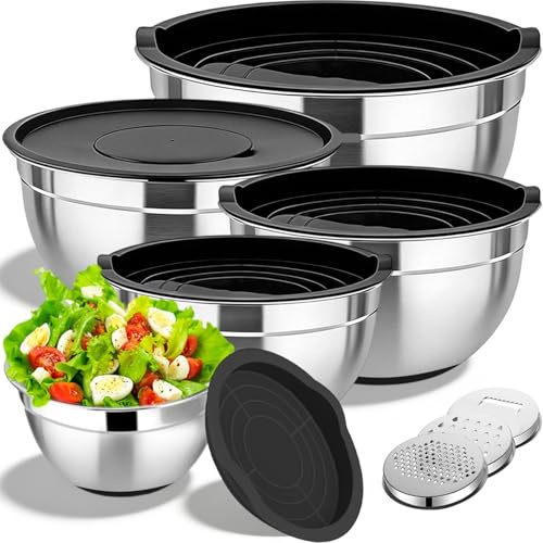 5 Pezzi Ciotole Cucina Acciaio Inox con Coperchi & Grattugie, Insalatiera Ciotole Cottura Impilabili Base, Ciotola Annidabili Lavabili Lavastoviglie per Cucinare, Cuocere (3.3L/2.8L/2.2L/1.6/1.4L)