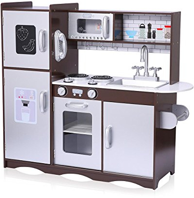 Baby Vivo Kinderküche Spielküche aus Holz Kinderspielküche Küche Holzküche Spielzeugküche mit Tafel - Toni in Braun