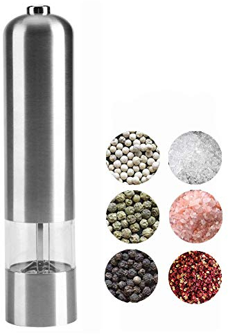 Molinillo de pimienta eléctrico, molino de sal de acero inoxidable, trituradora de especias automática, molinos eléctricos de acero inoxidable cepillados ajustables rugosidades con LED(pilas no