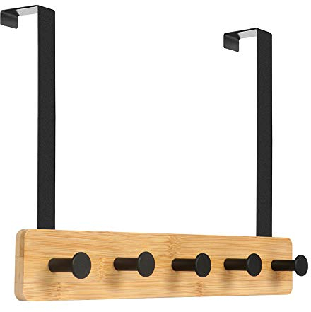 JSVER Türgarderobe Bambus,Türhakenleiste zum Aufhängen Universell mit 5 Haken, Türhaken für Jacken, Bademäntel, Handtaschen und andere