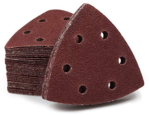 SPEEDWOX 50 Pcs Triangle Sanding Pads Hook and Loop 80 Grit Oscillating Sanding Pad 90mm 6 Holes Fit 3-1/2 Inches Oscillating Multi Tool Detail Sander Sandpaper Triangle Sanding Discs Sanding Tool