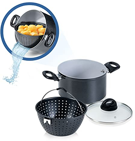 Genius Cerafit Magic Pot Kochtopf-Set 20cm - Topf 3,7l mit Siebeinsatz & Glas-Deckel für einfaches Kochen, Drehen, Dünsten & Servieren der Pasta | Nudeltopf für alle Herdarten, A24661, Schwarz