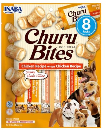 INABA Churu Bites Perros - Receta Saludable de Pollo - Deliciosa Comida con Relleno Húmedo - Rica en Proteína, 96 Gramos (12g x 8)