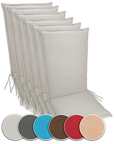 sunnypillow 6er Set Hochlehner Auflagen Wasserdicht 120 x 50 - Polsterauflage extra Dicke 9cm - Sitzauflagen für Gartenmöbel, Sitzpolster für Gartenstuhl - Sitzkissen Outdoor - Stuhlauflage Grau