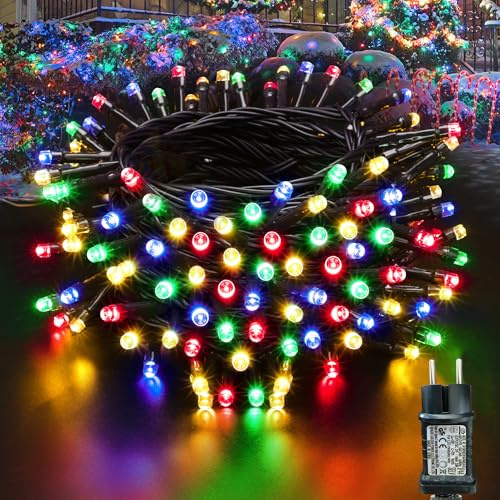 Moxled Lichterkette Weihnachtsbaum - 10M 100 LED Bunt Lichterkette Außen Strom mit Timer Speicherfunktion, Grünes Kabel, Wasserdicht 12 Modi Weihnachtsbeleuchtung für Garten Weihnachtsdeko