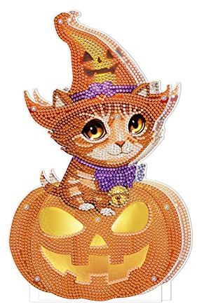 EXQUILEG 5D DIY Diamond Painting, Halloween deko Ornamente Set mit LED Licht Diamant Malerei Bilder, Kürbis/Schwarze Katze/Hexe, Strass Kristall Dekoration Handwerk Halloween Geschenk (#3)