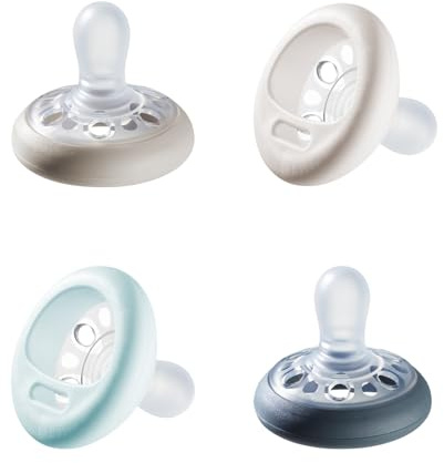 Tommee Tippee Breast-Like Pacifier, 0-6 Months, Symmetrical Design, Natural Breast-Like Baglet, BPA-Free Binkies, Pastel/Blue/Black, Pack of 4