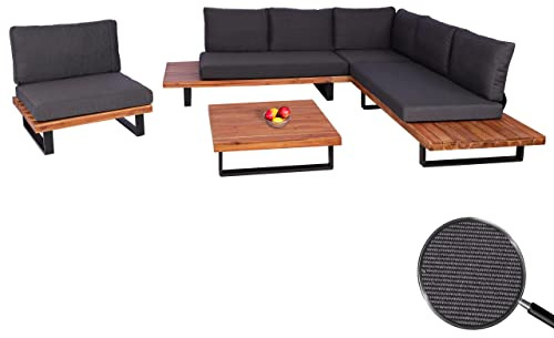 Mendler Garten-Garnitur mit Sessel HWC-H54 - braun, Polster dunkelgrau | Lounge-Set, Sofa, Spun, Poly, Akazie, Holz, FSC®, Aluminium