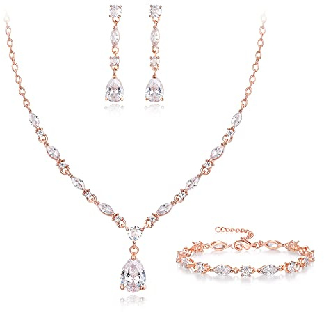 EVER FAITH Cubic Zirkonia Schmuck Set für Braut Brautjungfer, Funkelnde Elegante Teardrop Anhänger Halskette baumeln Ohrringe Armband für Damen Klar Rosegold-Ton