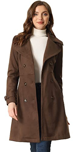 Allegra K Damen Trenchcoat Wildlederimitat Gekerbtem Revers Manschetten Zweireihig Bindegürtel Mantel