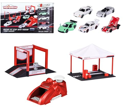 Majorette - Porsche Stand de Course et Podium - 5 Véhicules Inclus - Puncher et Trophée - Dès 3 Ans - 212053305