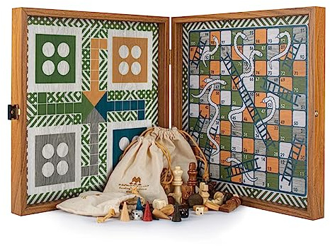 Luxury Manopoulos 4 in 1 Combo Board Game Set - Premium Set Handmade in Greece by Experts - CHess, Backgammon, Ludo, Snakes and Ladders