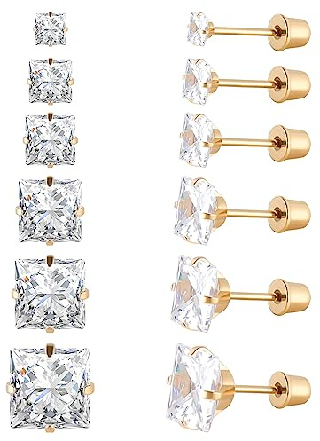 Lot de 6 paires de clous d'oreilles en acier inoxydable chirurgical avec vis arrière plaqué or 18 carats en forme de cœur, étoile, carré, coupe princesse, rondes, zircons cubiques blancs, pour femme