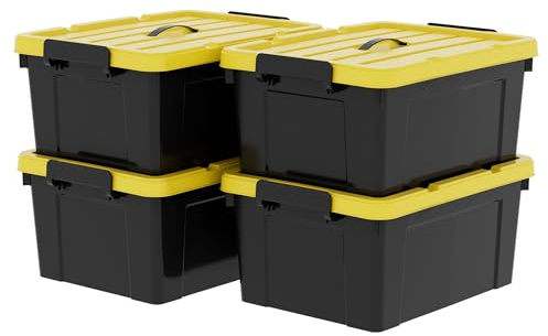 Cetomo 4 cajas de almacenamiento de 35 pulgadas de largo, caja de almacenamiento de plástico con tapas, asa y hebillas de cierre para herramientas al aire libre, jardín, garaje, hogar, duradera,