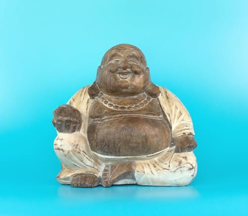 G6 Collection 20,3 cm große, weißgewaschene lachende Buddha-Statue, handgeschnitzt, lächelnde sitzende Skulptur, handgefertigte Figur, Dekoration, Heimdekoration, Akzent, handgefertigte Kunst, Happy