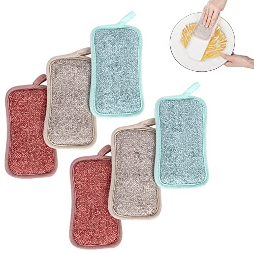 Minicoco Eco-Friendly Sponges Washing Up, 6 Pcs Reusable Scourers Sponge Kitchen Sponge Dish Sponge Dual Remove Grime Washing Up Sponge for Bowls, Dishes, Pots, Burned Food on Pans (6Pack)