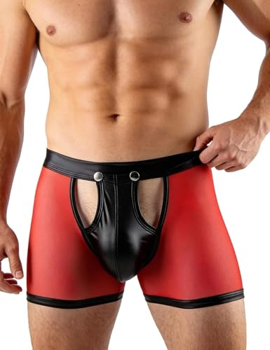 comeondear Boxershorts Herren Sexy Offen Große Größen Herren-reizwäsche Unterhosen Männer Dessous Erotisch Unterwäsche Ouvert Slip PU-Leder Shorts mit Öffnung Transparent Clubwear Gay Rot,XL