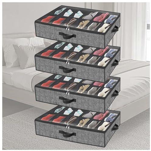 RYJYQYX Unterbett Aufbewahrungsbox Foldable für Schuhe Aufbewahrung, Unterbettkommode mit transparenter Deckel, Faltbare Aufbewahrungsbox für Schuhe,Kleidung,Stiefel,Spielzeug,Taschen,B-4Pcs