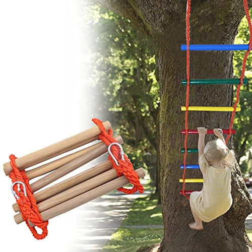 PNAJFUEL Strickleiter,Bunte Hölzerne Kletterleiter Strickleiter,Spaß Kinder Outdoor Spielplatz Zubehör/Wood Color/2M/6.5Ft