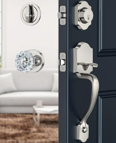 Calzibeno Front Door Handle and Deadbolt Set, Front Door Lock Set with Crystal Glass Door Knob, Exterior Door Lock Set with Single Zylinder, Reversible for Right & Left, Satin Nickel