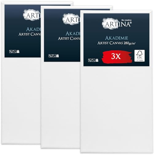 Artina 3er FSC® Set Keilrahmen Leinwand zum Bemalen für Acrylfarben Canvas | 60x120cm bespannte Leinwände zum malen 100% Baumwolle Acryl Rahmen grundiert Künstlerleinwand Akademie