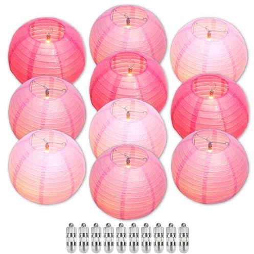 Ethbirsge Pink Chinese Paper Lanterns with LED Lights, 10-Pack 10inch