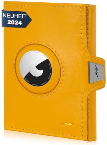 Marc Peter® Jupiter Airtag Echtleder Geldbörse Mit Xl Münzfach Für Herren Mit Rfid - Apple Airtag Mini Etui Für Bis Zu 11 Karten Gelb
