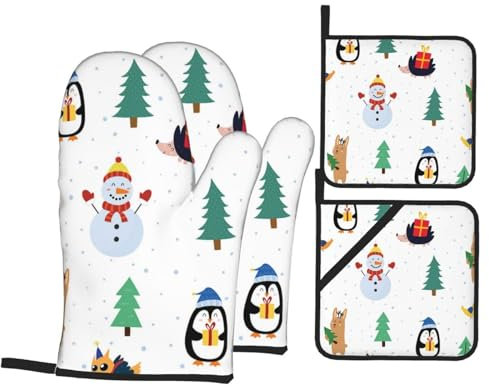 Ofenhandschuhe und Topflappen-Set, niedlicher Pinguin, Schneemann, Vögel, hitzebeständig, Küchen-Backhandschuhe, rutschfeste Oberfläche zum Kochen, Backen, Grillen, Grillen
